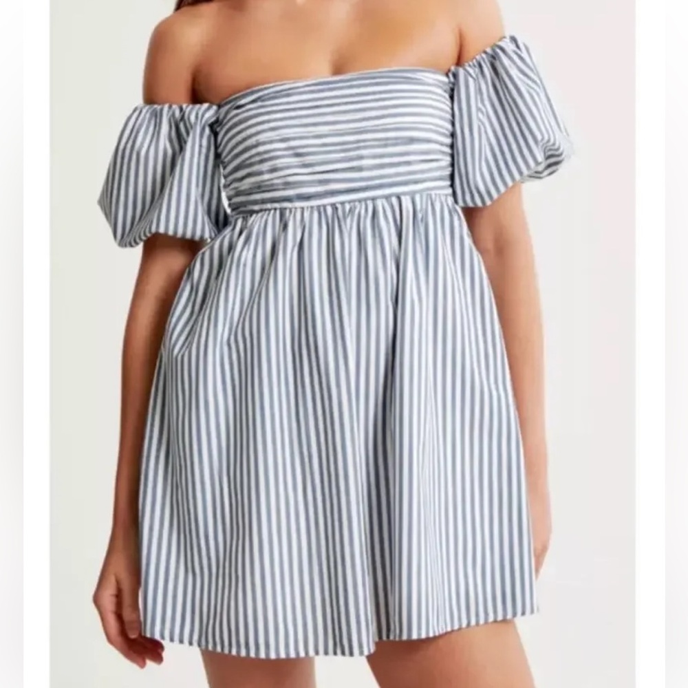 Abercrombie and Fitch Emerson Off-The-Shoulder Romper Striped Puff Sleeve